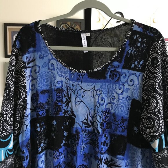 HAND JIVE size XL Blue & Black Mixed Patterns Wearable Asian Art Tunic Top - Picture 3 of 7